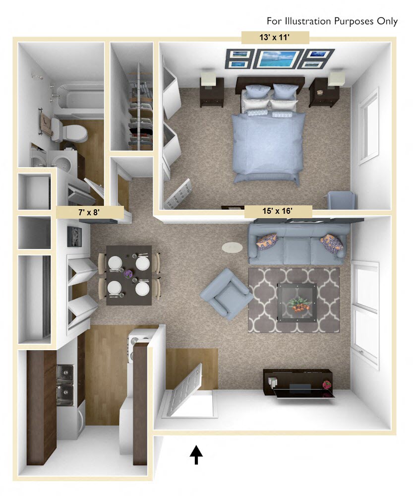 Floor plan for 1 bed, 1 bath, 600 sqft